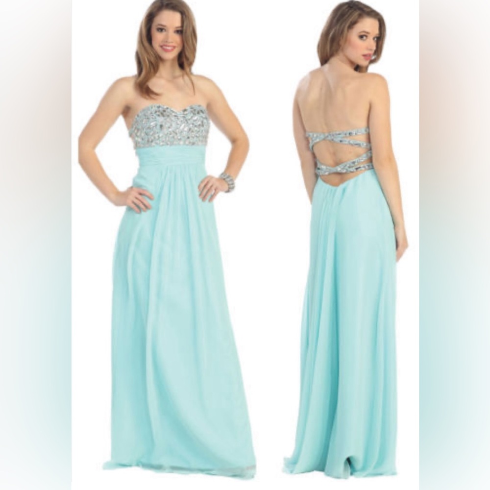 May Queen Cut Out Back Aqua Strapless Dress Size 16
